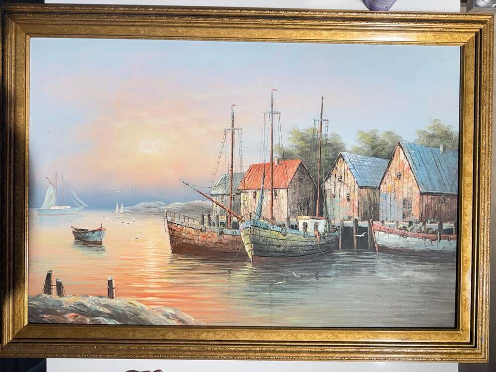 W. Sherman Oil Painting on Canvas Harbor Scene Nautical Art